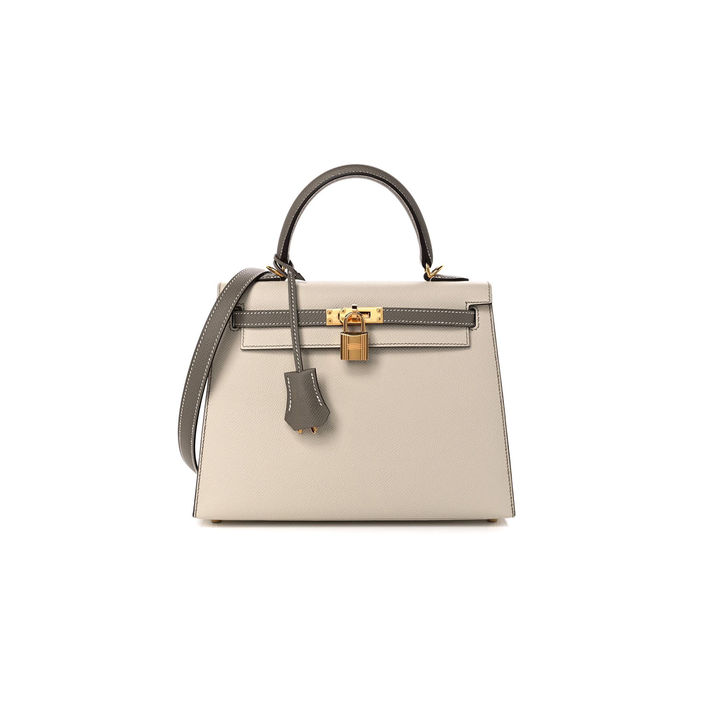 HERMÈS EPSOM KELLY 25 MILKSHAKE WHITE WITH ELEPHANT GRAY (25*17*7cm) 